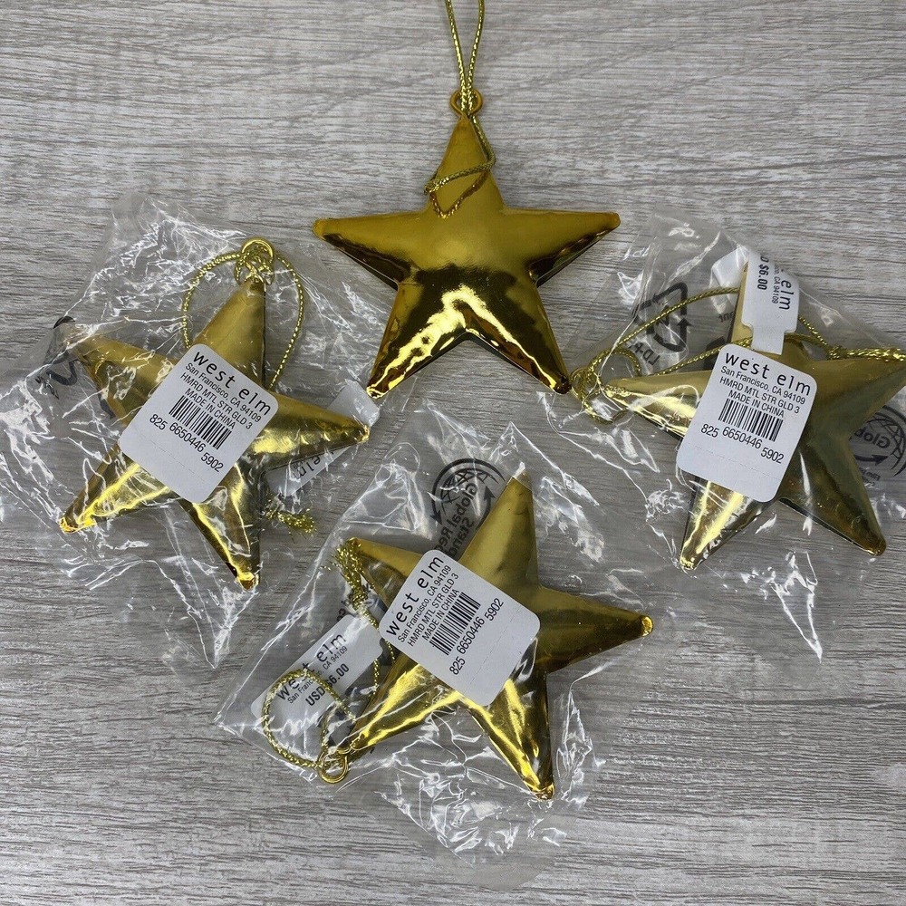 (Lot 4) West Elm Gold Star Hammered Metal Christmas Ornament Holiday Classic NWT